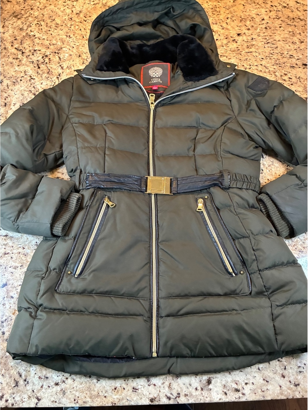 Vince Camuto Women's Down Quilted Puffer Jacket with Belt and Hood